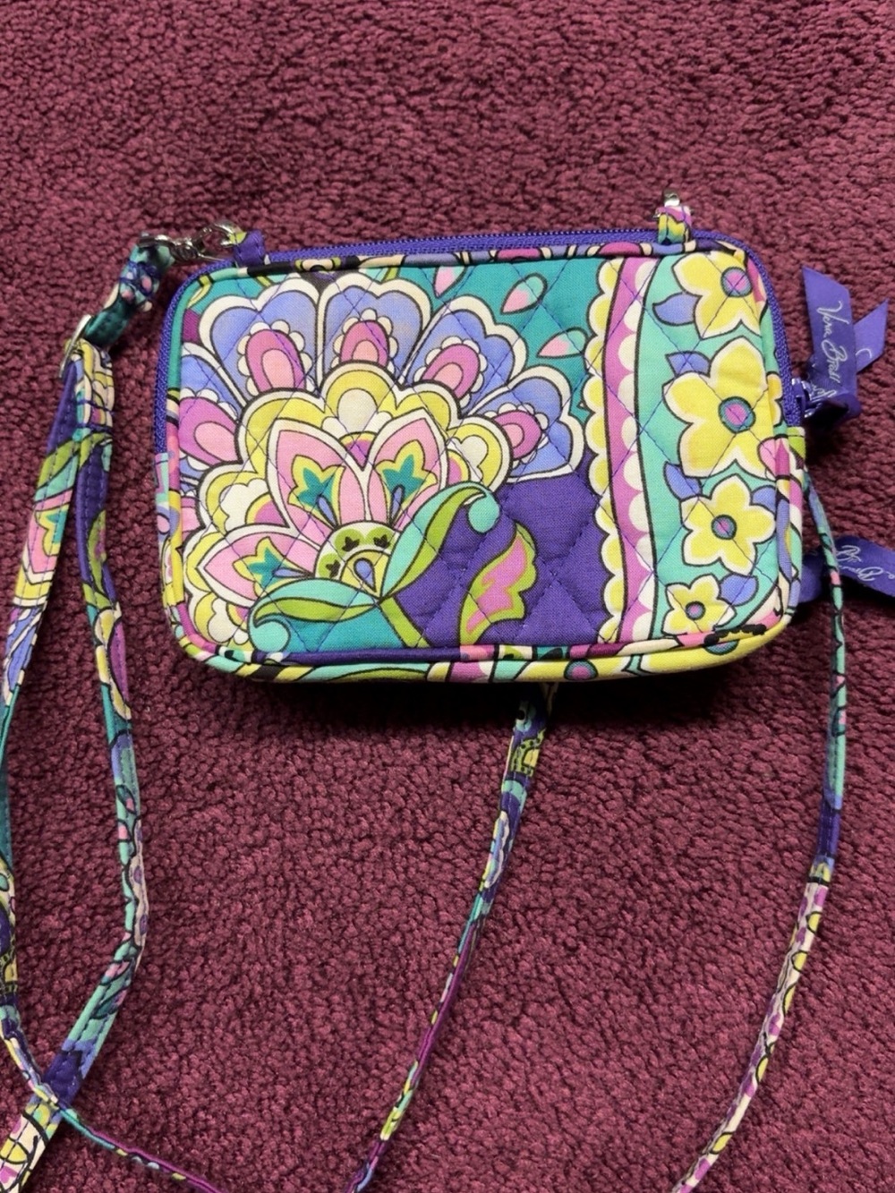 Quilted Floral Crossbody Wristlet - Purple Multi